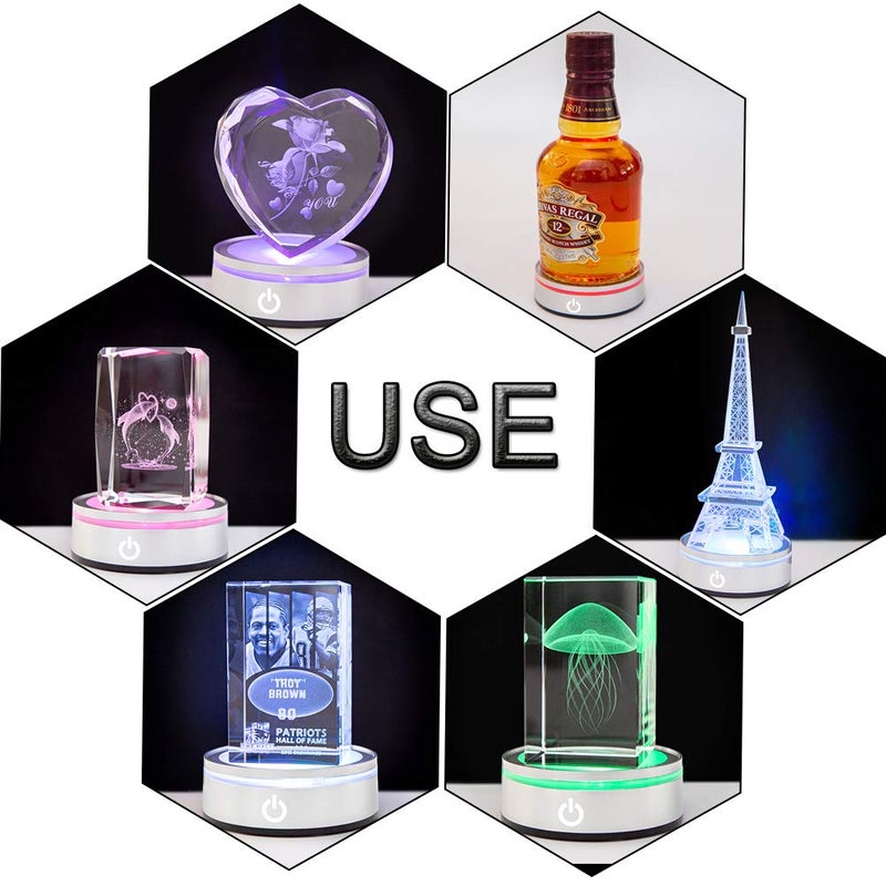 IFOLAINA LED Light Base Lighted Display Stand for Crystal 3D Photo Glass Art Tumbler RGB Multicolor Lighting Round Pedestal USB Battery Operated - Flat - Image 4